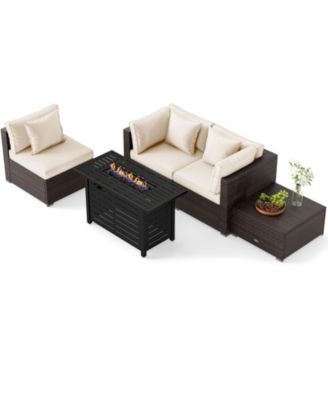 Set of 5 Patio Furniture Set Heavy-duty Frame Rattan Sofa Set w/ 60000 BTU Firepit Table