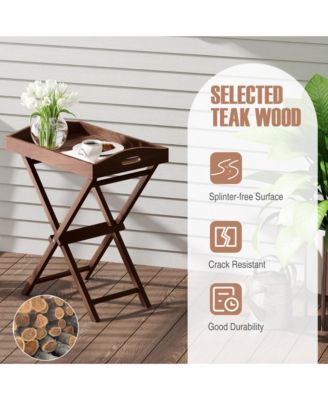 Solid Teak Wood Folding Tray Table with Removable Top and X-Frame for Patio Garden