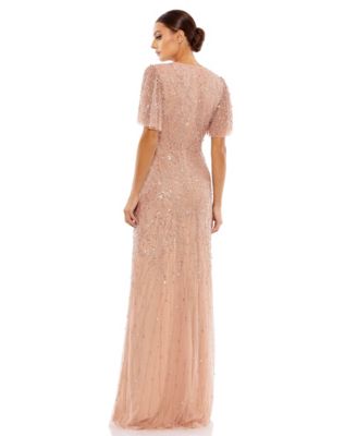Petite Embellished Flutter Sleeve Evening Gown