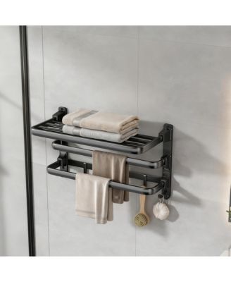 24" Foldable Aluminum Towel Rack with 7 Hooks for Bathroom