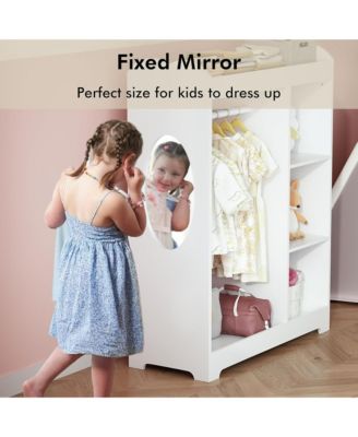 Wooden Dress Up Clothes Rack - Toddler Costume Organizer with Mirror, Hanging Rod, 3 Side Hooks, Storage Shelves and Top Shelf for Bedroom