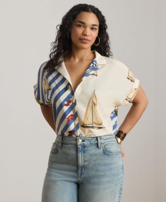 Plus Size Spread Collar Printed Shirt