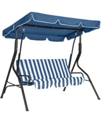 Outdoor Porch Swing Chair with Adjustable Canopy & Striped Seat Cushion for Adults 3-Seat Patio Glider Bench with Thick Cushions