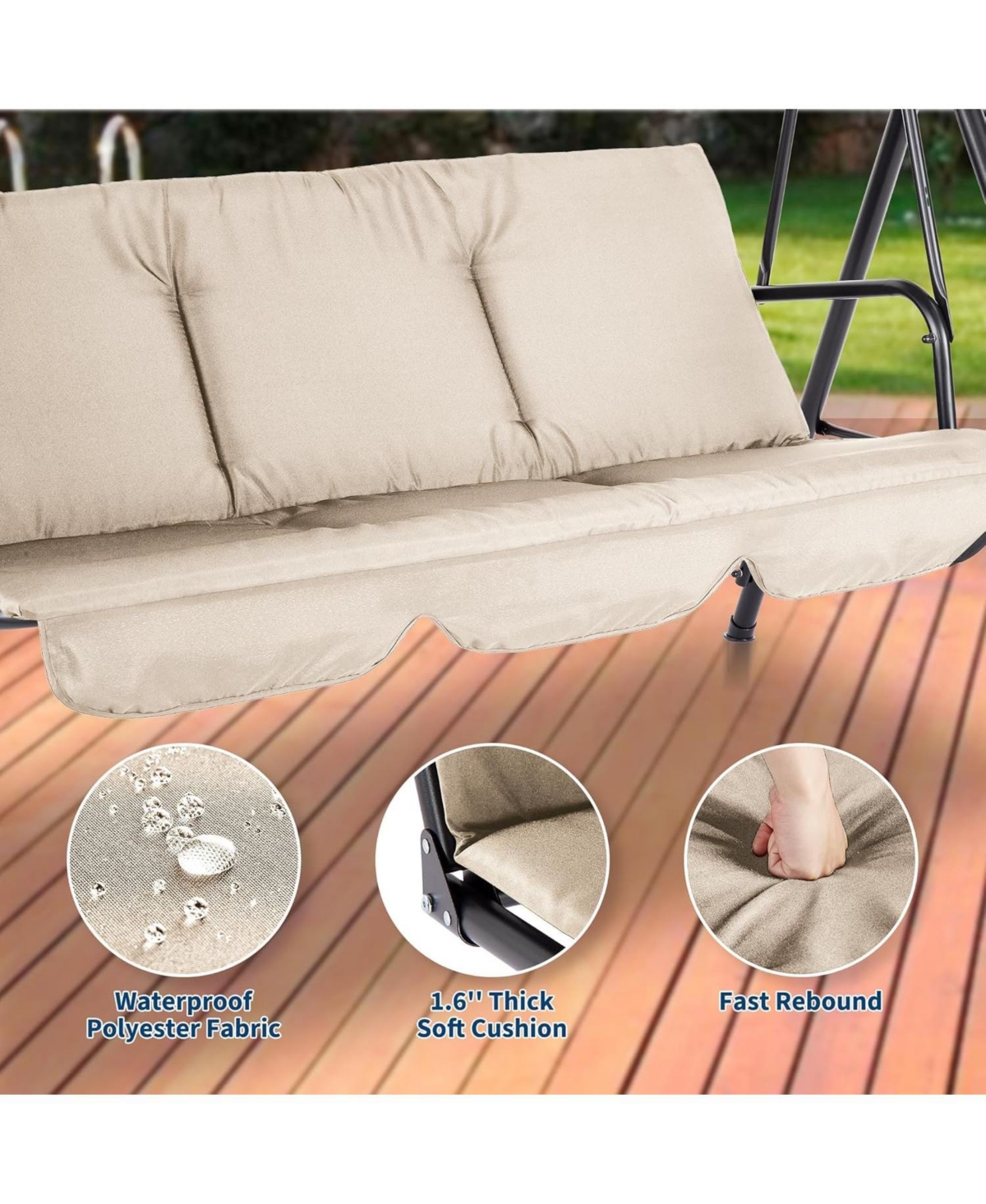 gaomon 3-Seat Patio Swing Chair with Adjustable Canopy and Thick Waterproof Cushions, Outdoor Steel Frame Porch Swing for Garden, Lawn, Backyard