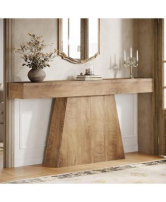 Wood 63-Inch Console Table with Trapezoidal Base for Entryway or Living Room
