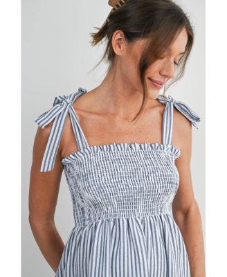 Maternity Striped Smocked Square Neck Tie Strap Top