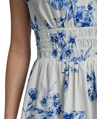 Women's Floral Smocked V-Neck A-Line Midi Dress
