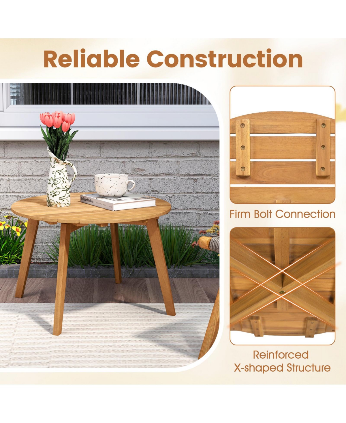 Gymax 2PCS Outdoor Acacia Wood Side Table Patio 24.5'' Round End Table w/ Slatted Tabletop