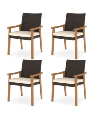 Patio Dining Chair 4 PCS w/Cushion Wood Armrests Metal Frame for Garden