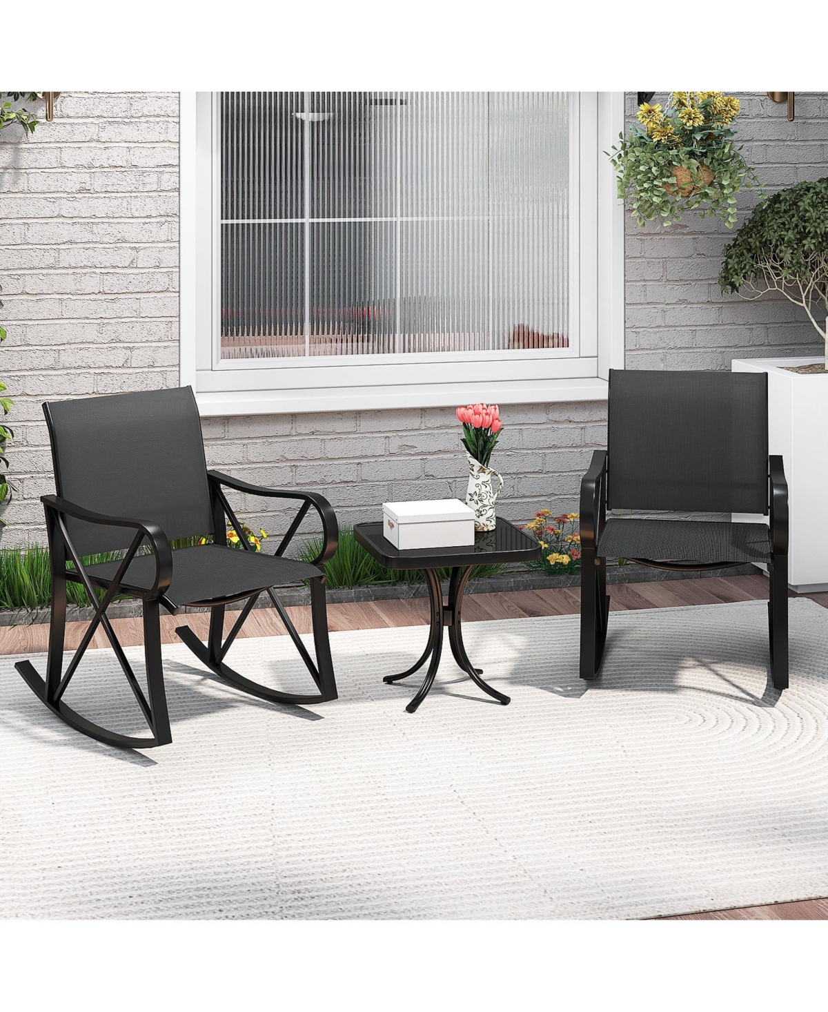 Gymax 3 Piece Patio Rocking Set 2 Chairs w/ Tempered Glass Side Table