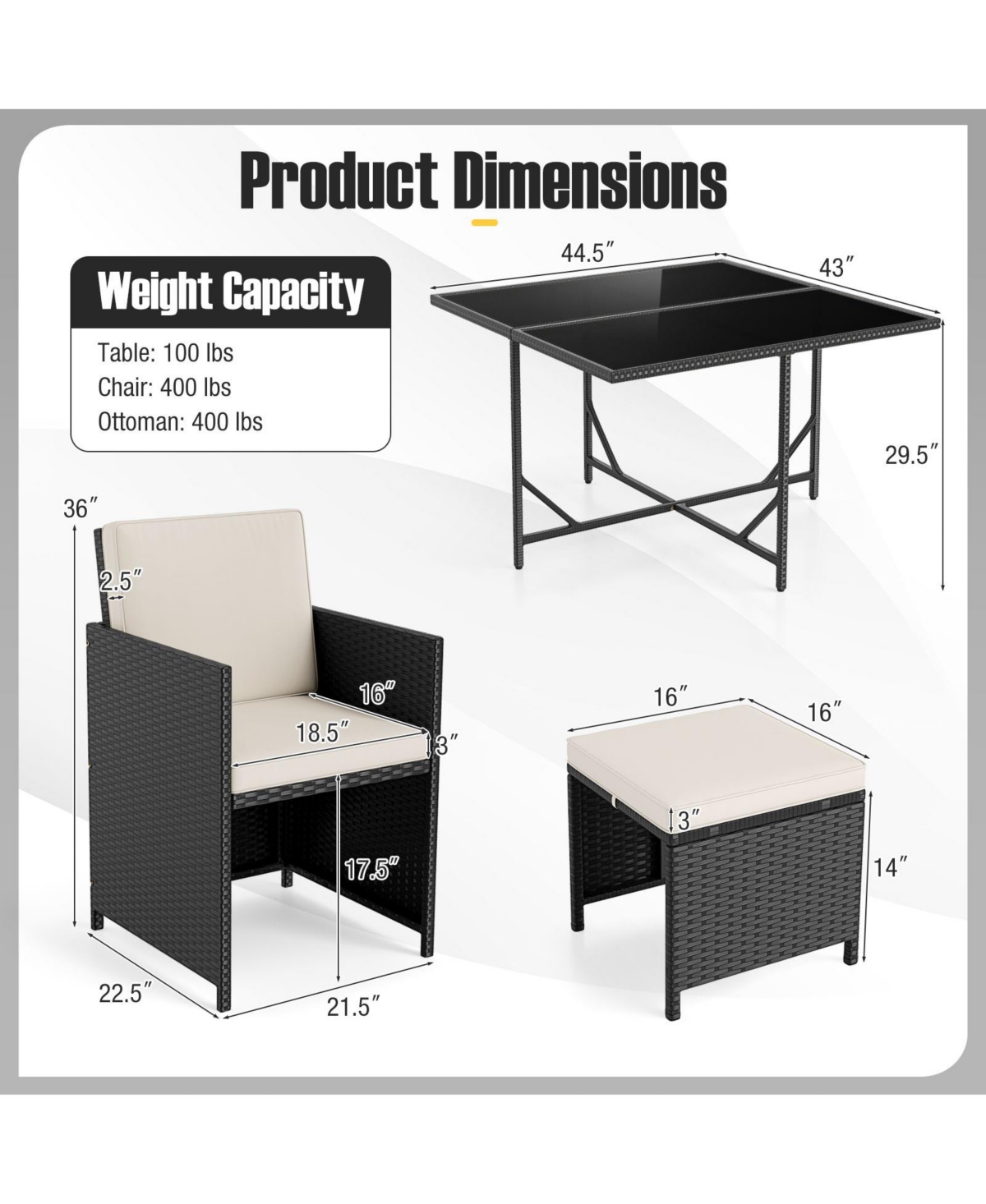 Gymax Set Of 9 Patio Dining Set w/Tempered Glass Table & Ottoman Removable Cushions