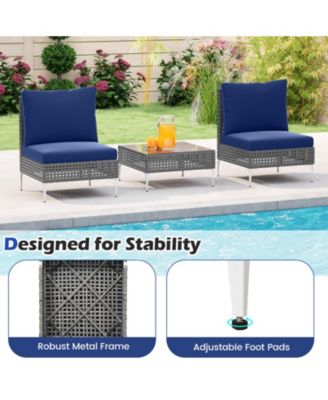 Set Of 3 Patio Furniture w/ Tempered Glass Coffee Table Soft Back & Seat Cushions