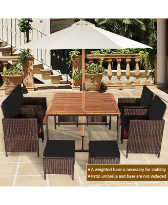 Set Of 9 Patio Rattan Dining Set Cushioned Chairs Ottoman Wood Table Top