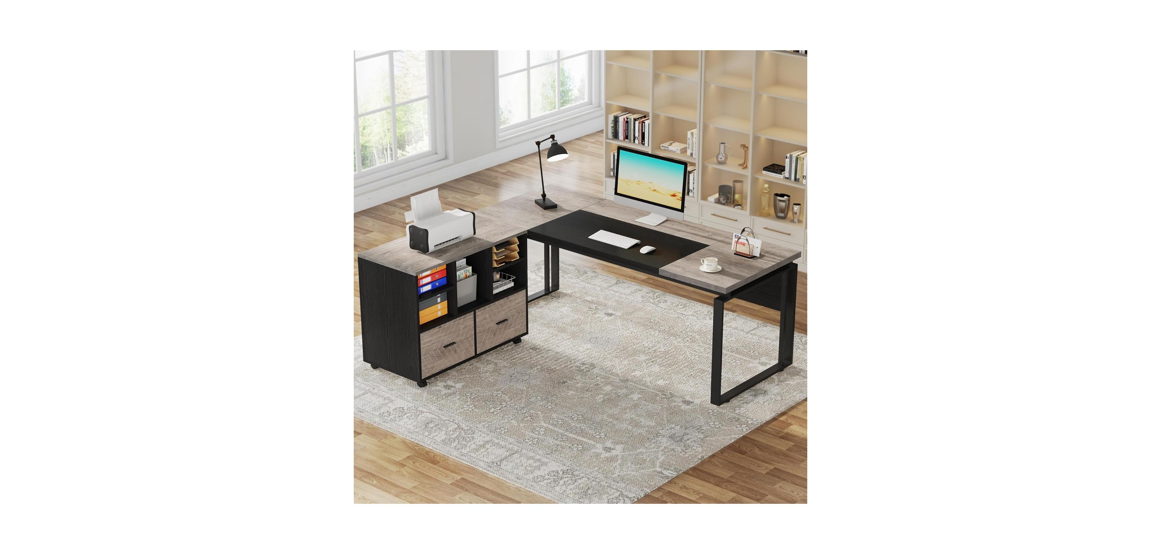 Tribesigns Office Desk with File Cabinet, Computer Executive Desk with Drawer Cabinet Set, L-Shaped