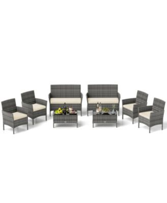 Set Of 8 Patio Furniture Set w/Washable Cushions & Tempered Glass Coffee Table