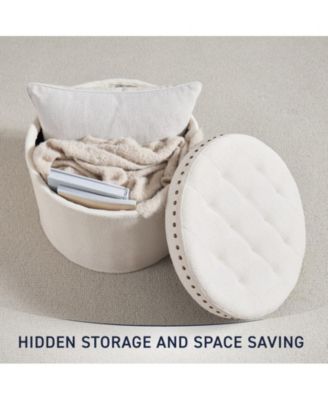 Large 20" Round Collapsible Storage Ottoman with Nailhead Trim