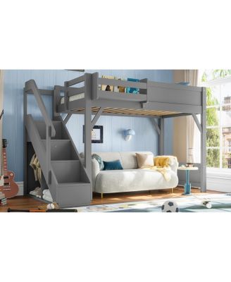 Twin Loft Bed with Wardrobe, Storage, Shelves, Guardrails & Stairs