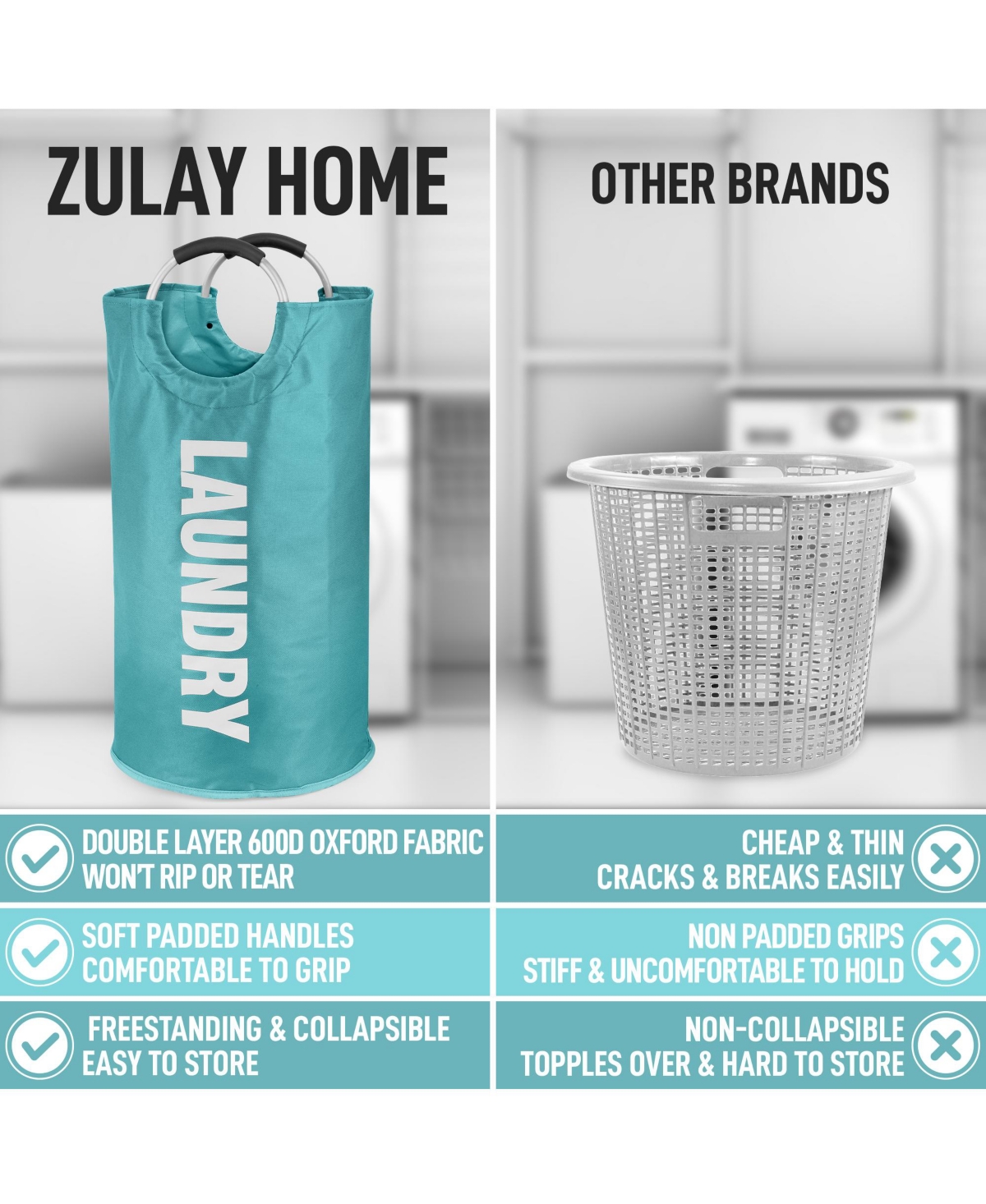 Zulay Kitchen Heavy Duty Laundry Basket - Collapsible Non-Slip Padded With Handles