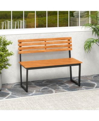 Outdoor Bench Acacia Wood Patio Loveseat w/ Backrest & Heavy Duty Metal Frame