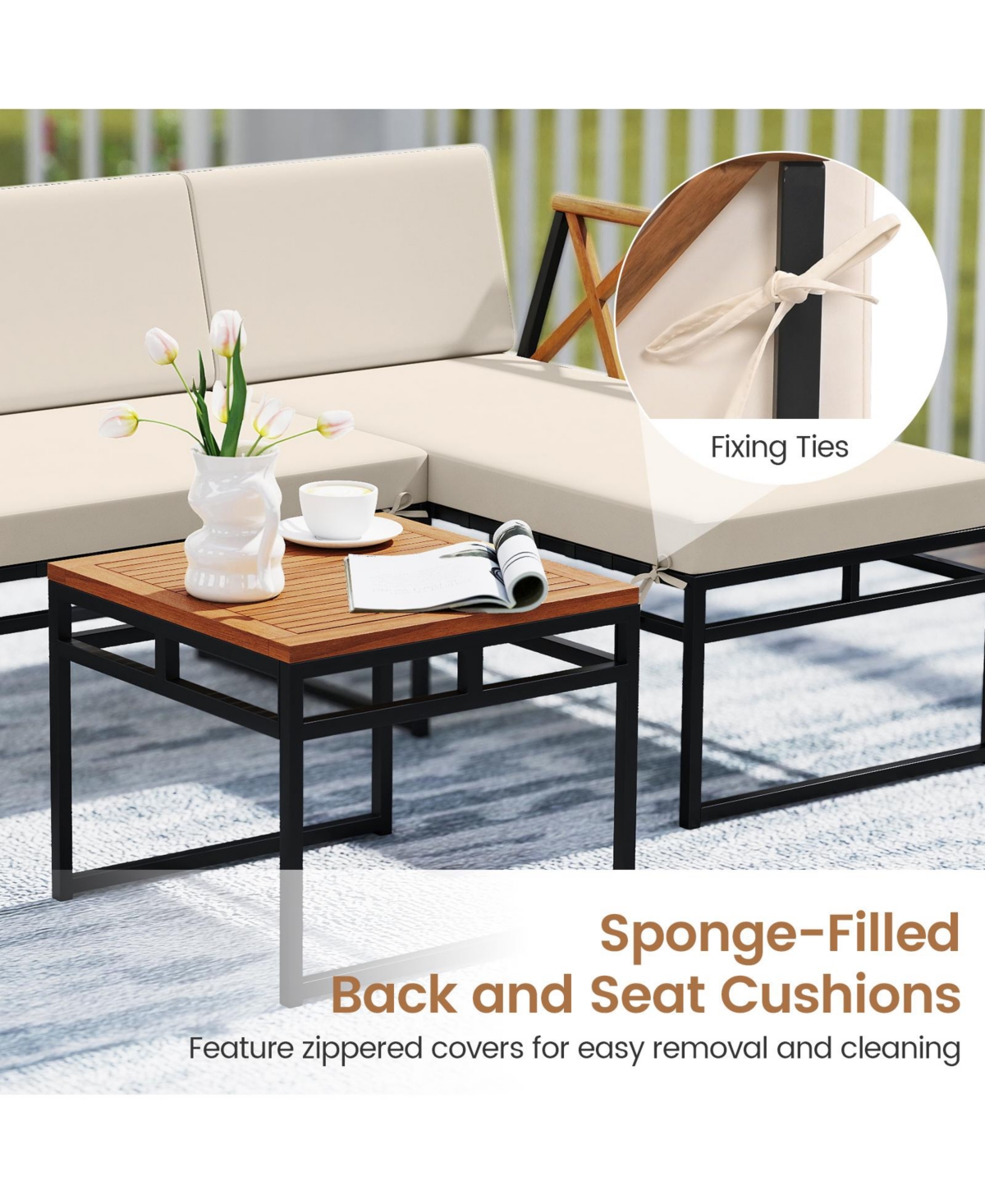 Gymax Set Of 3 L-Shaped Patio Furniture Set w/Loveseat Square Coffee Table Soft Back