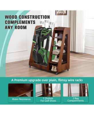 Golf Bag Storage Rack - Wooden Golf Clubs Organizer Fit 2 Golf Bags and Other Golfing Equipment Accessories for Garage, Club, Basement