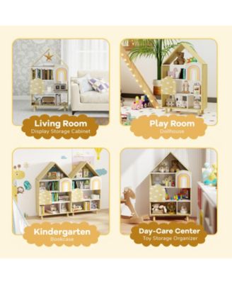 Kids Dollhouse Bookshelf House-shaped Bookcase Children Toy Storage Organizer
