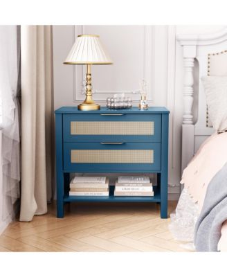 Rattan Nightstand - Bedside Table with 2 Drawers, Open Storage Shelf and Gold Drawer Handles for Bedroom, Living Room, Hallway