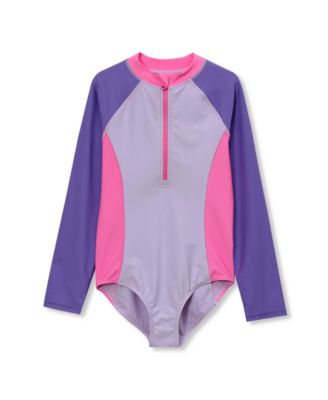 Girls Chlorine Resistant Long Sleeve One Piece Half Zip Swimsuit
