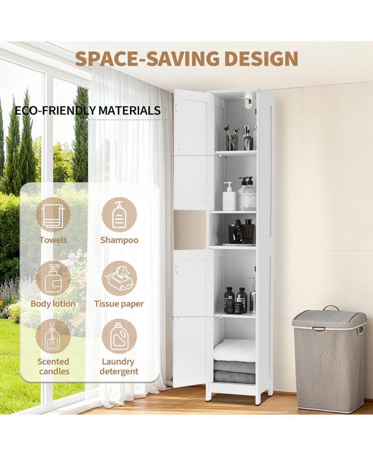 gaomon Tall Narrow Bathroom Cabinet, 66.9", Freestanding Water-Resistant Storage, 2 Doors, Small Space Organizer