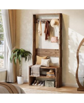 70.8” Tall Freestanding Coat Rack with Shoe Bench, 7 Hooks & 2 Shelves, Wood Hall Tree with Bench and Shoe Storage