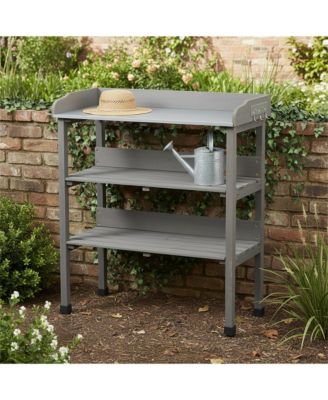 3 Layers Outdoor Work Bench w/Hook, Metal Tabletop, Solid Wood Workstation