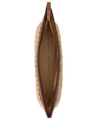 Leather-Trim Crocheted Straw Large Wallet