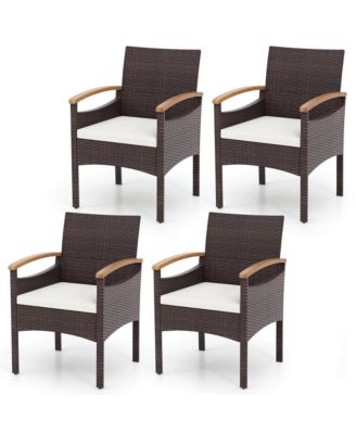 4 PCS Dining Chairs w/ Acacia Wood Armrest Heavy Duty Metal Frame Patio
