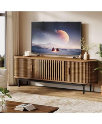 70" TV Stand for TVs up to 80", Wood TV Console with Metal Legs & Sliding Doors, Entertainment Center, Walnut