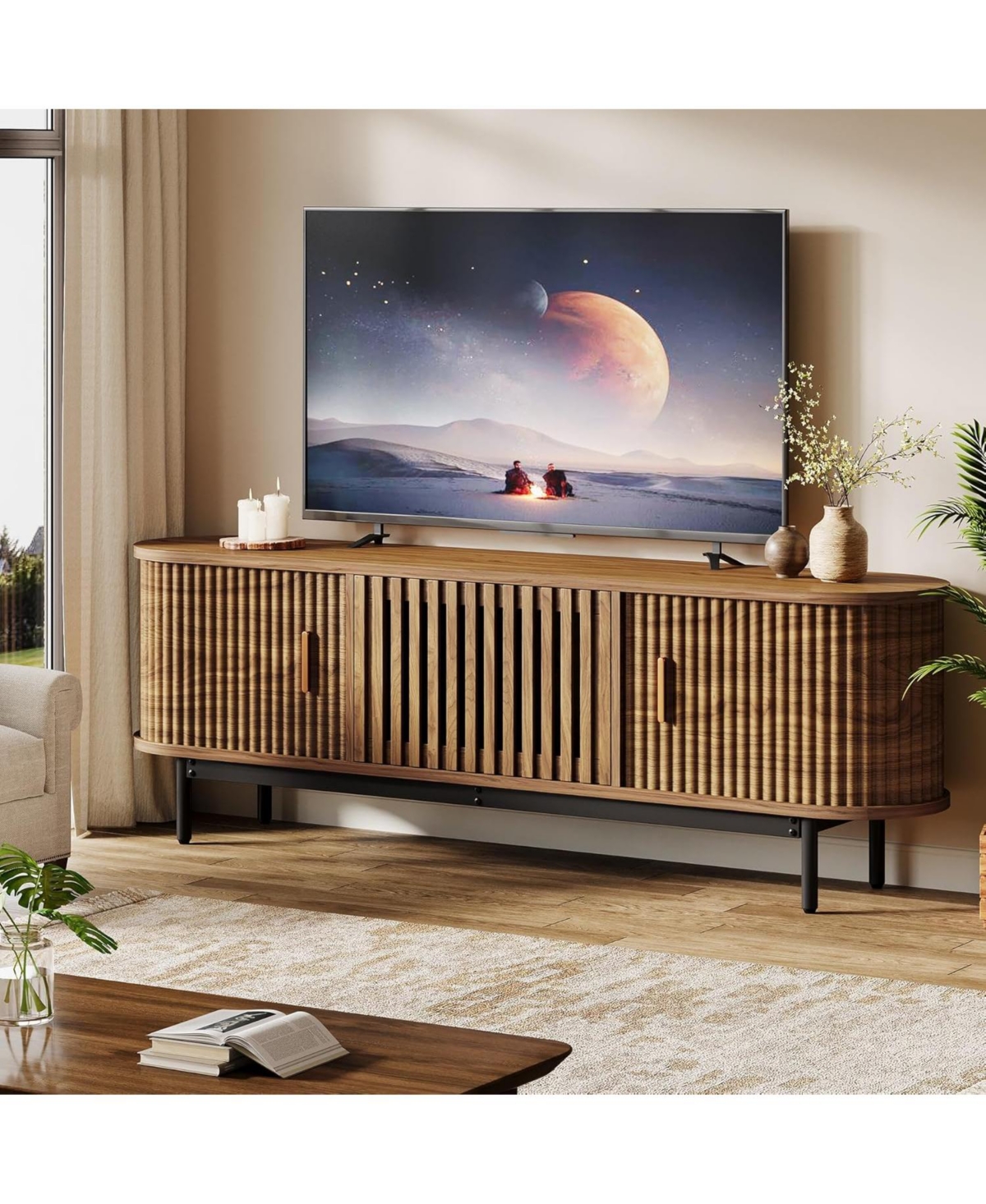 Tribesigns 70" Tv Stand for Tvs up to 80", Wood TV Console with Metal Legs & Sliding Doors, Entertainment Center, Walnut