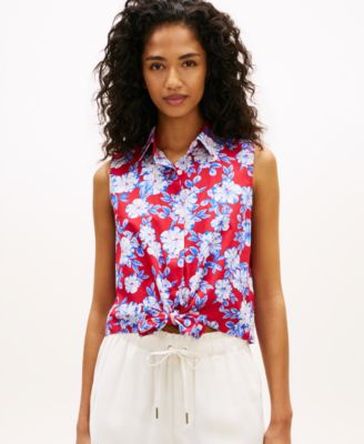 Women's Printed Poplin Knotted Collared Shirt