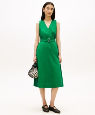 Women's Linen Belted V-Neck Wrap Dress