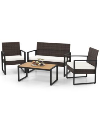 4 Pieces Patio Furniture Set PE Rattan Porch Chairs w/ Loveseat & Coffee Table