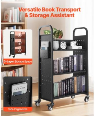 Rolling Library Book Cart - 3-Tier Single Sided L-Shaped Bookshelf with Lockable Wheels Book Truck for Home Office and School