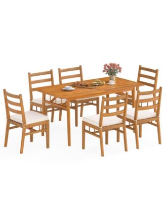 7PCS Patio Acacia Wood Dining Set w/ 1.97'' Umbrella Hole & Cushions for Backyard