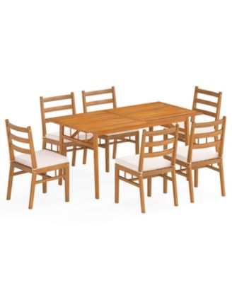 7PCS Patio Acacia Wood Dining Set w/ 1.97'' Umbrella Hole & Cushions for Backyard