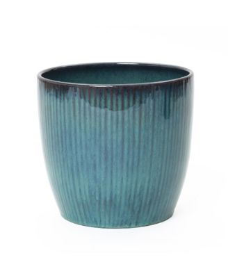 Forest Fade Ribbed Ceramic Planter, 11.8" Glossy Blue-Green Pot with Brown Rim