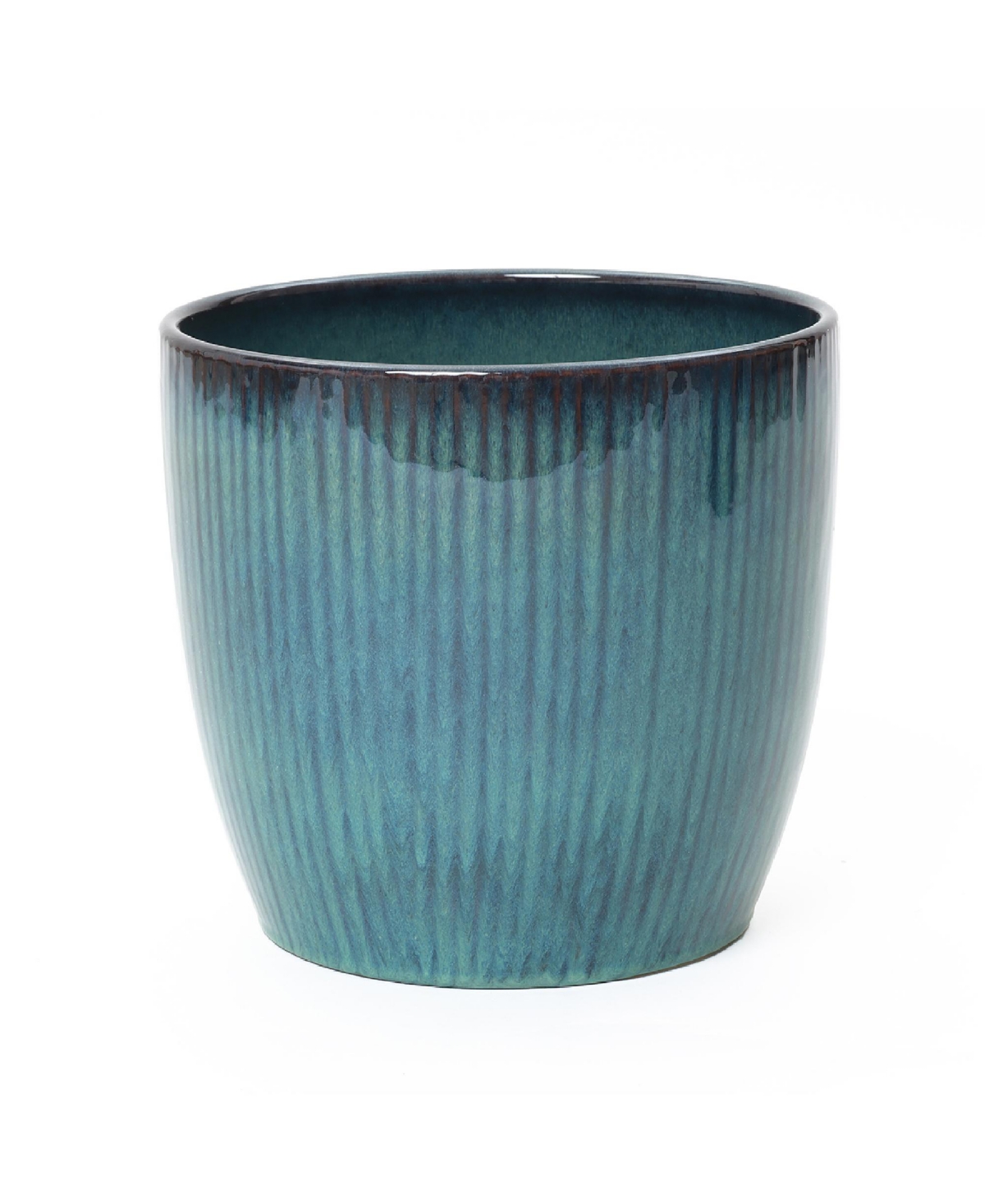 LuxenHome Forest Fade Ribbed Ceramic Planter, 11.8" Glossy Blue-Green Pot with Brown Rim