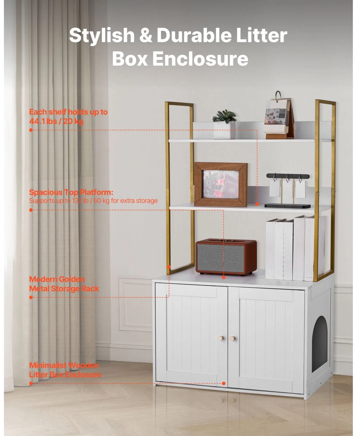 Aostirmotor 27.6" Hidden Litter Box Cabinet with Metal Legs & 2 Storage Shelves