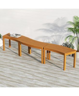 Outdoor Curved Acacia Wood Bench Set of 3 Patio Garden Backless Fire Pit Bench