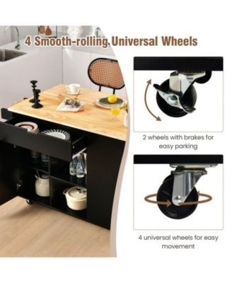 Drop-Leaf Rolling Kitchen Island Cart with Rubber Wood Top