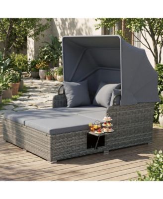 Patio Rattan Daybed Lounge Retractable Top Canopy Side Tables Cushions