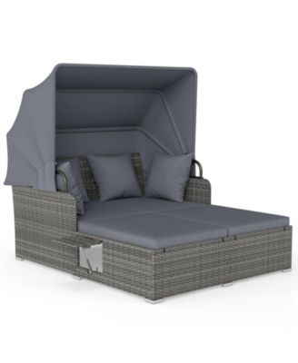 Patio Rattan Daybed Lounge Retractable Top Canopy Side Tables Cushions