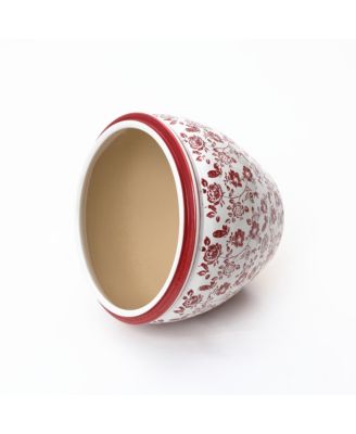 Red Floral Ceramic Planter, 17" Round, Indoor & Outdoor Garden Pot