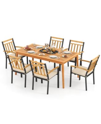 Set Of 7 Patio Acacia Wood Dining Set w/ Soft Seat Cushions Umbrella Hole Outdoor